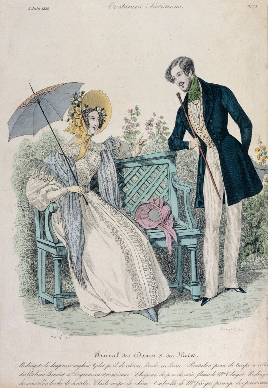 Kvinde med paraply og mand i frakke i en have, modetallerken fra Journal des Dames et des Modes, 5. juni, 1836 af French School