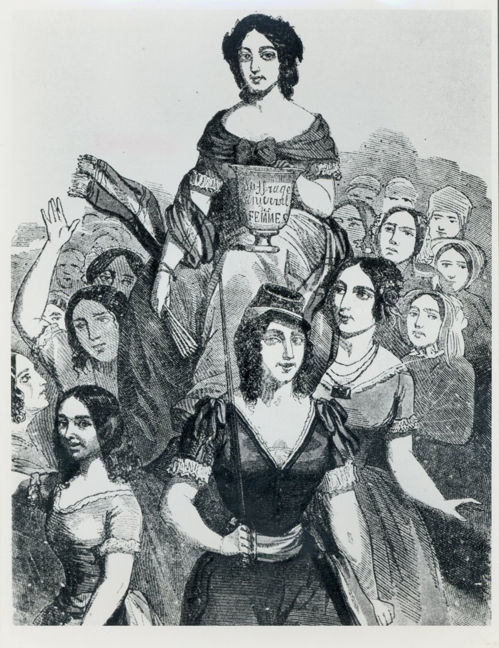 Kvinder, der bærer Jeanne Deroin (1805-94) i Triumph, fra Les Femmes Celebres, bind I, Paris, Mazenod, 1848 af French School