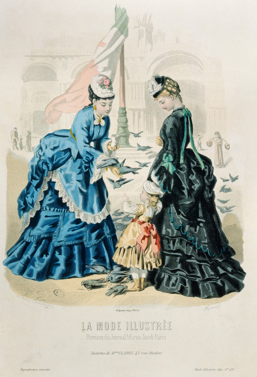 Kvinder og et barn, der fodrer duerne, fra La Mode Illustrée, 1872 af French School