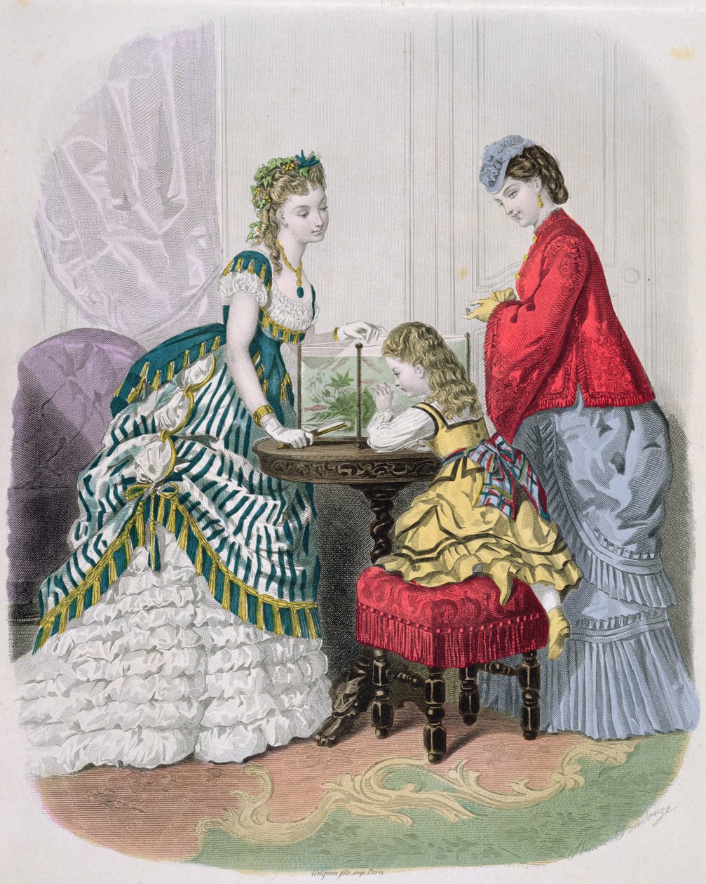 Kvinder og et barn ser på et akvarium, fra La Mode Illustrée, ca. 1870 af French School