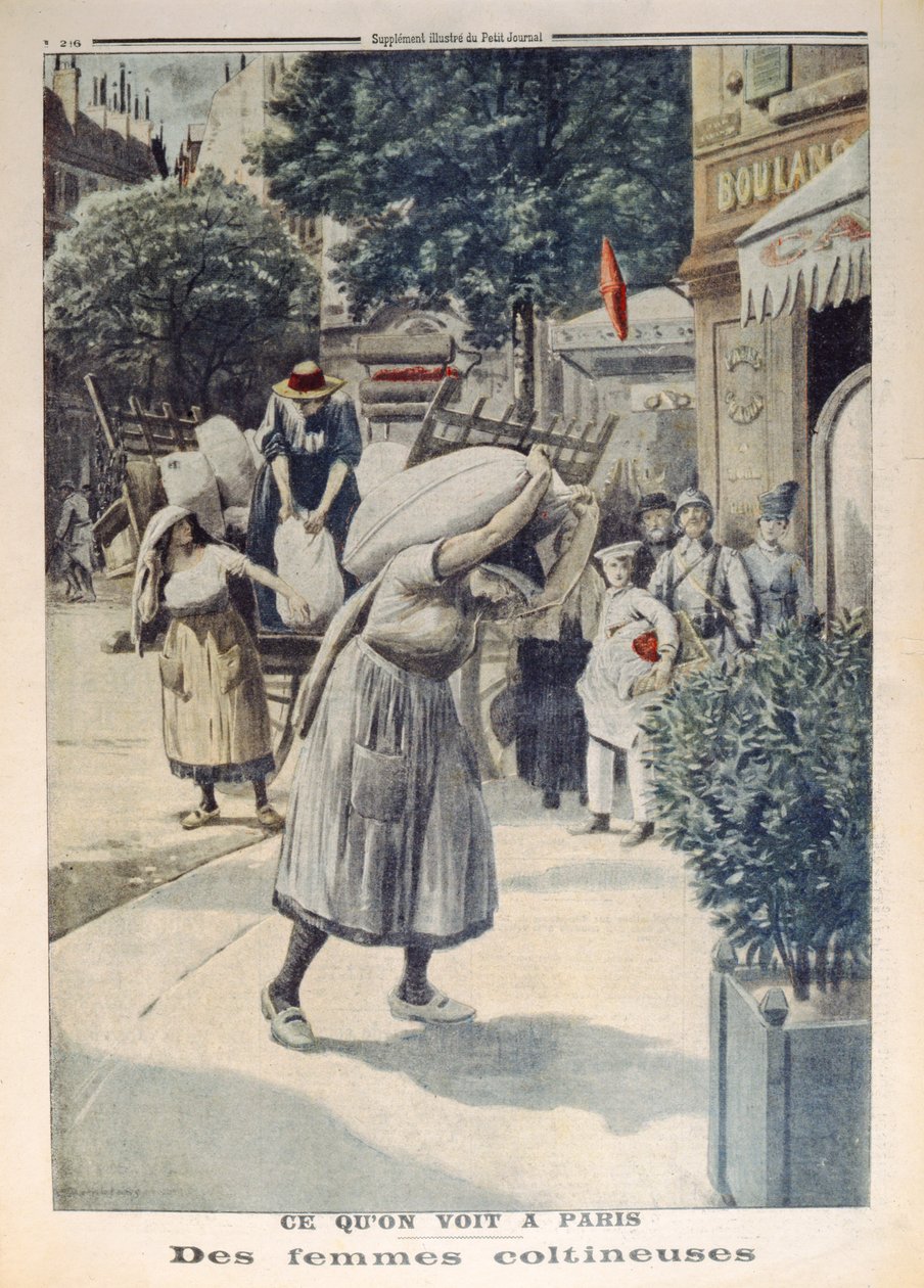 Kvinder bærer sække med mel under 1. Verdenskrig i Paris, illustration fra Le Petit Journal, 8. juli 1917 af French School