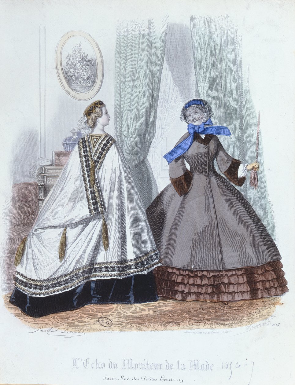 Kvinder i kappe og frakke, modetallerken fra LEcho du Moniteur de la Mode, 1856-7 af French School