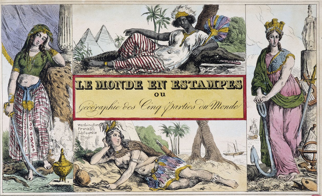 Kvinder repræsenterer 4 kontinenter: Afrika, Europa, Amerika og Asien - Frontispice af "Le Monde en prints ou Geography des cinq parts du monde" af Chevalier de Roujoux af French School