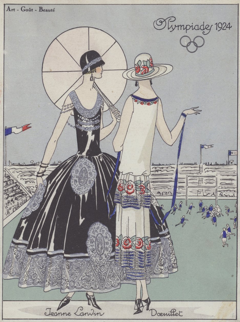 Damemode ved De Olympiske Lege i 1924 af designerne Jeanne Lanvin og Georges Doeuillet (farvelitografi) af French School