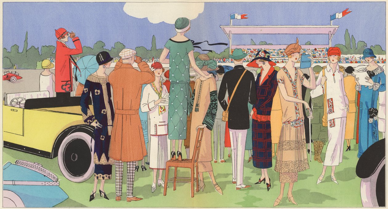 Damemode ved væddeløbene af designerne Jeanne Lanvin, Jean Patou, Premet, Georges Doeuillet (farvelitografi) af French School