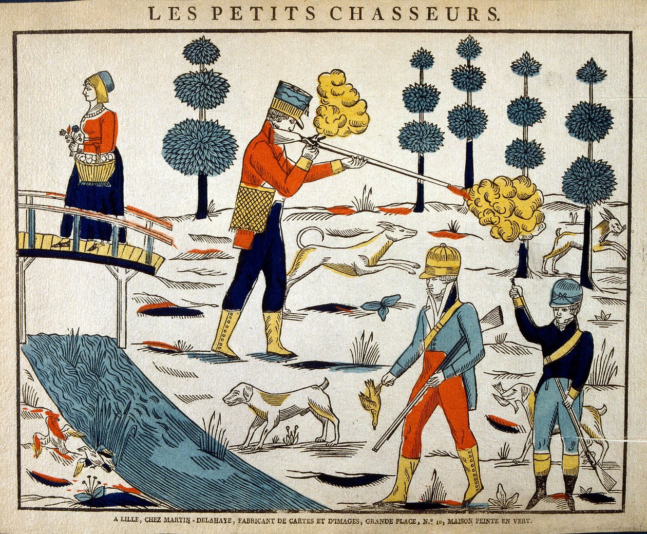 Træsnit-illustration, der viser fransk jagt i begyndelsen af det 19. århundrede af French School