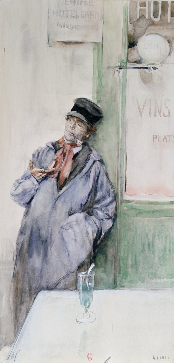 Arbejder på café med et glas absint, ca. 1900 (wc på papir) af French School