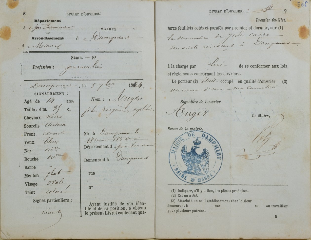 Arbejderhåndbog udstedt af Mairie af Dampmart til Felix Auger (f.1850), 1864 af French School