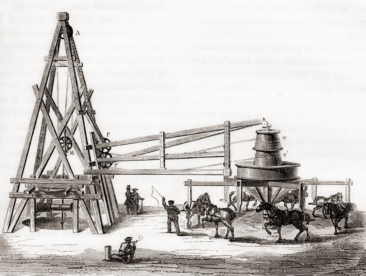 Arbejdere, der brugte karrusellen og spillet til at bore de artesiske brønde ved Grenelle, Frankrig i det 19. århundrede, fra 