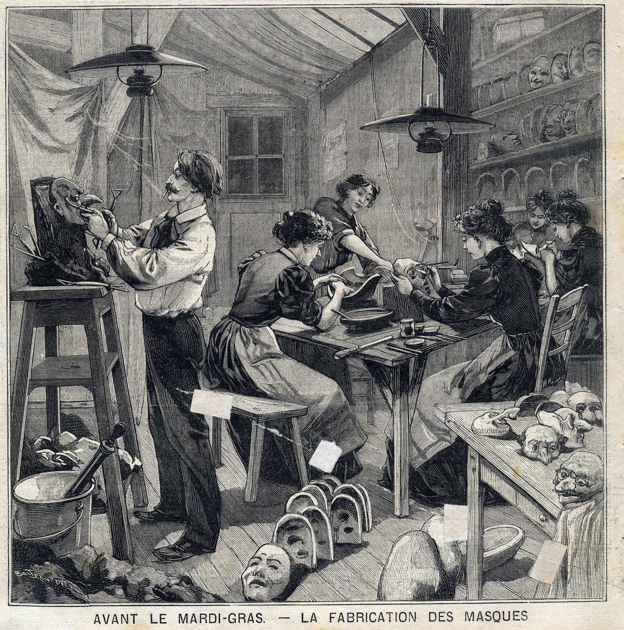 Workshop til fremstilling af masker til forklædningerne til Mardi Gras-festivalen (Mardi-Gras). I "" Le Petit Parisien"" den 14/02/1897 af French School