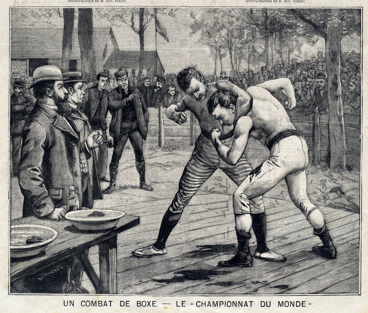 Verdensmesterskab: boksekamp mellem Jim Corbett og Bob Fitzsimmons i Carson, Nevada, USA: I "" The Little Parisien"" den 11/04/1897. Privat samling af French School