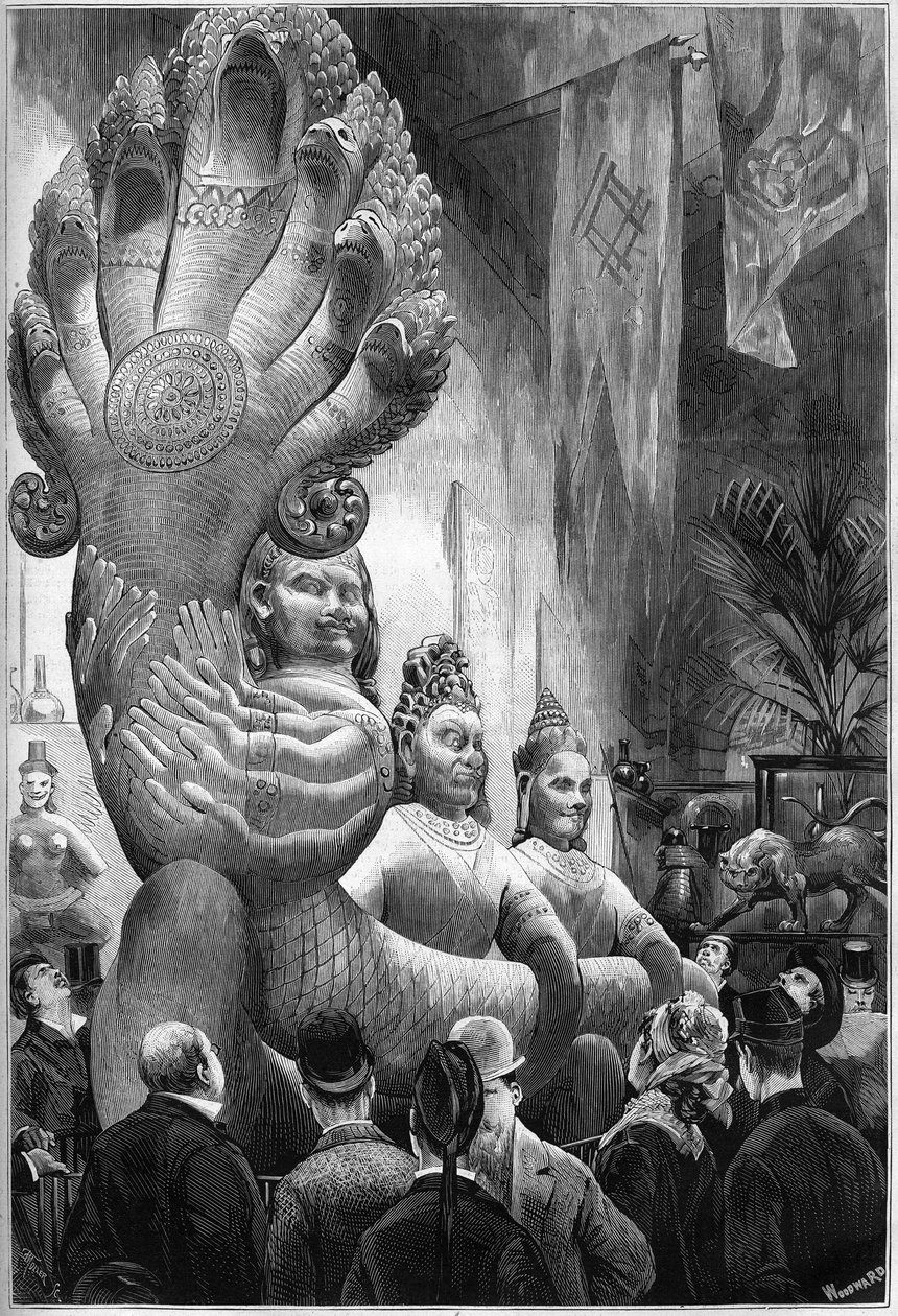 Verdensudstilling 1878 i Paris: statuer af Cambodian Giants og Polycephal Serpent, rapporteret fra Cambodja af Delaporte Mission, udstillet i Trocadero Retrospective Gallery. Indgravering i "" Le Monde Illustré"" nr. 1127 af 1. november af French School