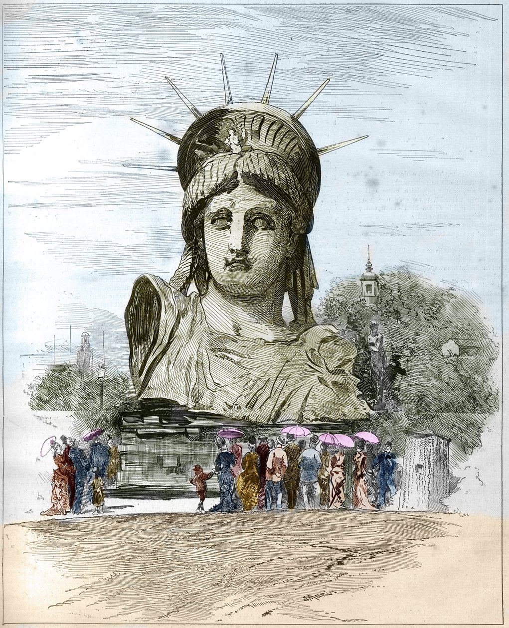 Verdensudstilling 1878 i Paris: lederen af Frihedsgudinden af Frederic Auguste Bartholdi (1834-1904). Indgravering af Edgard Morin i ""The Illustrous World"" nr. 1111 af 13. juli 1878. af French School