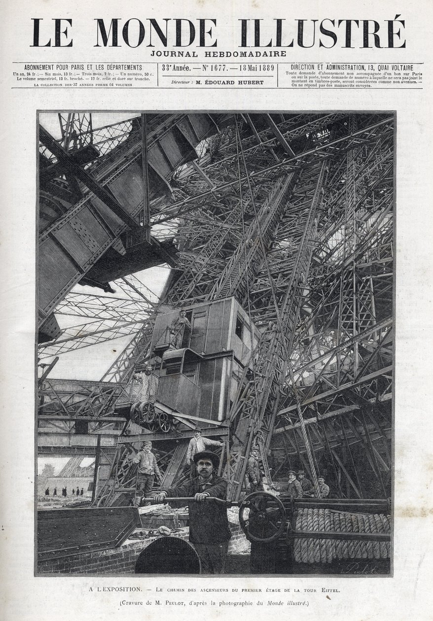 Verdensudstilling i Paris 1889 - Elevatorstien på første sal i Eiffeltårnet - Verdensudstillingen i Paris i 1889 - Stien til elevatorerne på første sal i Eiffeltårnet - Le Monde Illustré fra 1889 af French School