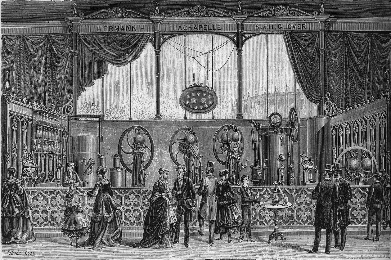Verdensudstilling fra 1867: gasvandsapparater opfundet af Hermann Lachapelle (Hermann-Lachapelle) og Glover (mætning, gazometer, sprøjte, doseringspumpe...). Indgravering i "" Le Monde Illustré"" nr. 578 af 9. maj 1868. af French School