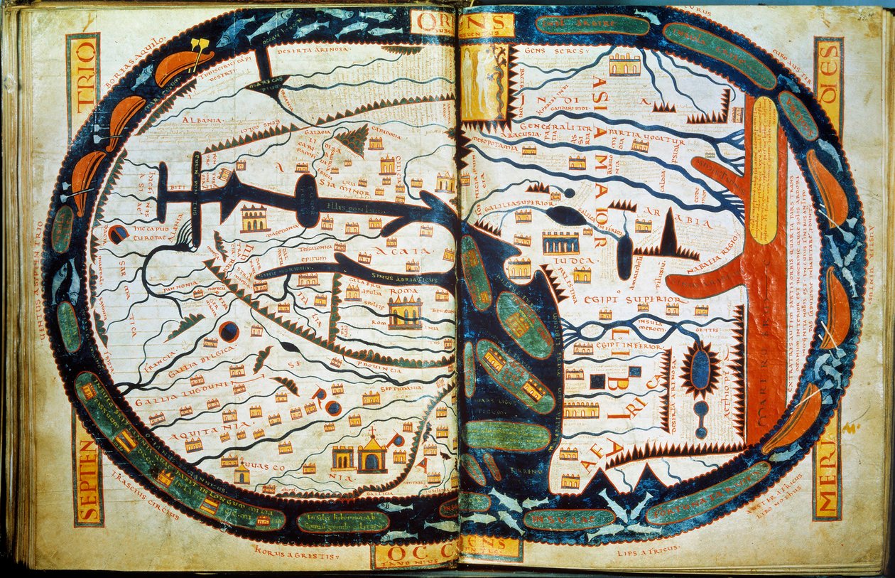 Verdenskort over Sankt Sever. Miniature taget fra kommentarerne til "Apokalypsen ifølge Johannes" skrevet i 775 af munken Beatus af Liebana. af French School