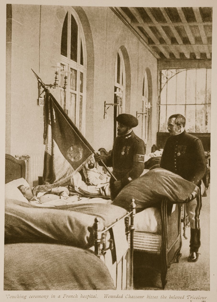 Wounded Chasseur kysser den elskede Tricolour, 1914-19 af French School