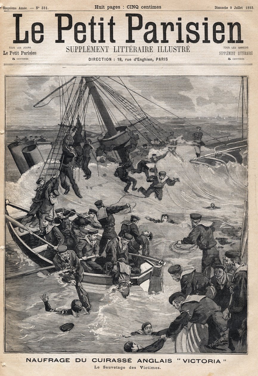 Vrag af den engelske panser "Victoria"" efter en kollision på kysten af Syrien og redning af ofrene. En af avisen "Le petit Parisien"" den 9/07/1893 (gravering) af French School