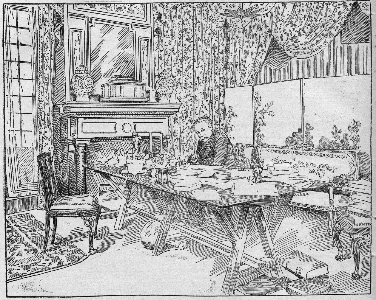Forfatteren Alexandra Dumas Jr. (1824-1895) i sit arbejdsskab. Indgravering i "La gazette du dimanche"" af 12. december 1895. af French School