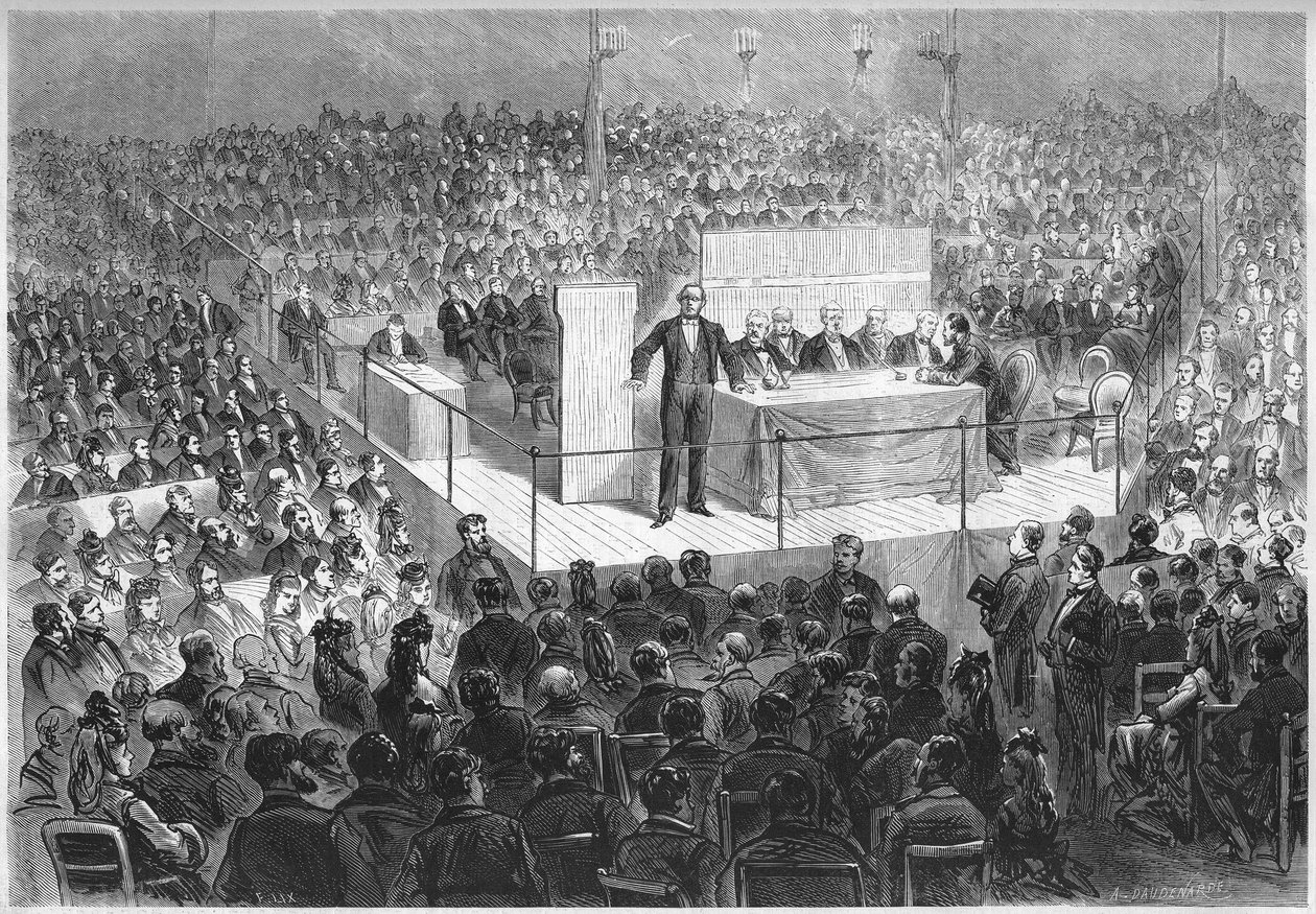Forfatteren Ernest Legouve (1807-1903) leder et "patriotisk møde", der er organiseret for at skaffe midler til at forløse de franske departementer besat af Tyskland siden slutningen af krigen i 1870. Paris, cirkus på Champs Elysees, 25. februar af French School