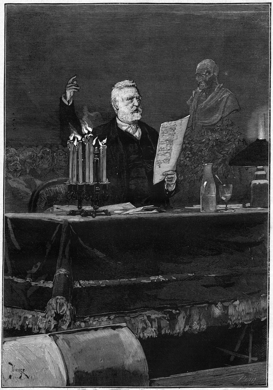 Forfatteren Victor Hugo (1802-1885) taler i anledning af hundredåret for Voltaires død, berømt ved Theatre de la Gaite i Paris den 30. maj 1878. Indgravering i "" Le Monde Illustré"" nr. 1106 af 8. juni 1878. af French School