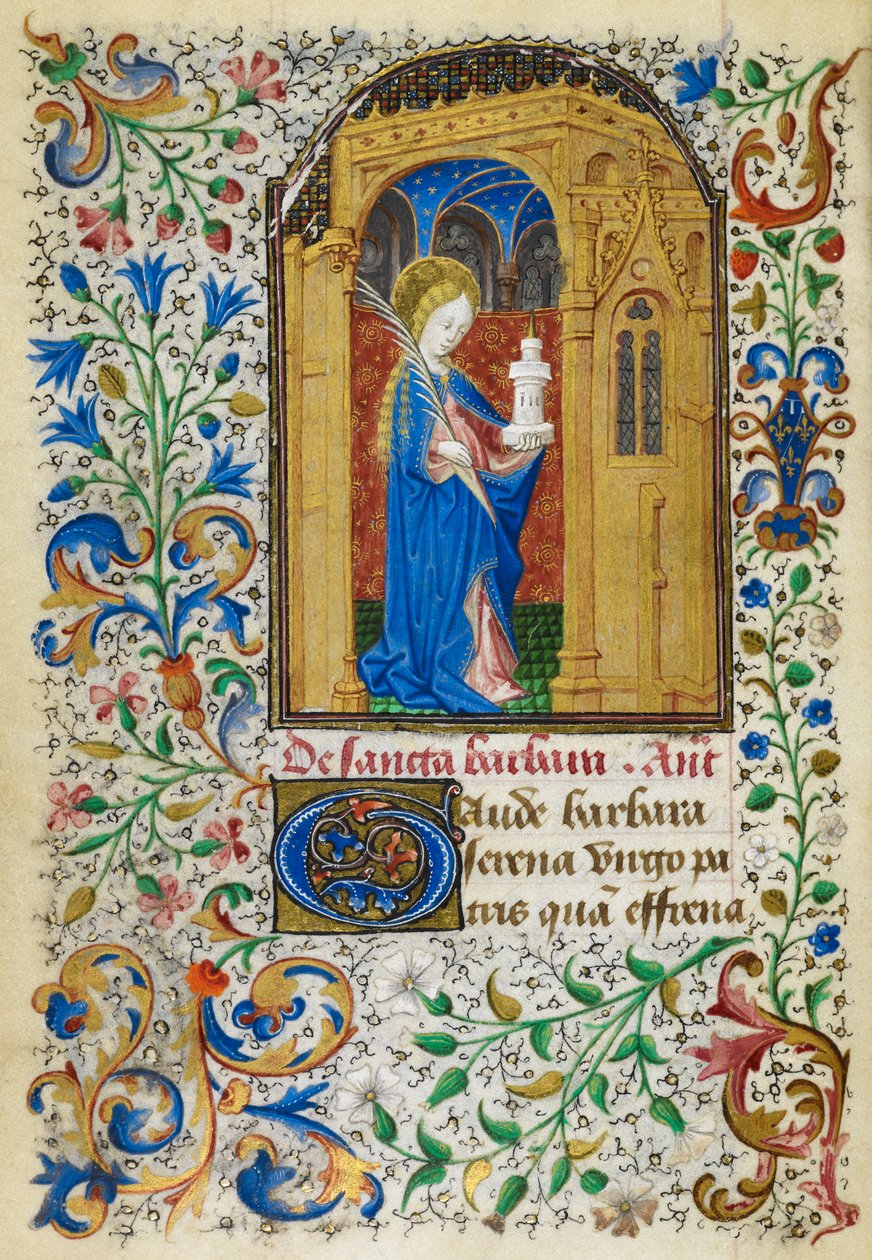 Yates Thompson 3, fol.289v Miniature af St. Barbara under en gylden bue, bærende en palme og hendes tårn, med en fuld foliate kant, i begyndelsen af hendes valgret, fra 