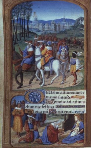 Yates Thompson 5 f.48v Adoration of the Magi, fra Tilliot Hours, Tours (vellum) (detaljer fra 20292) af French School