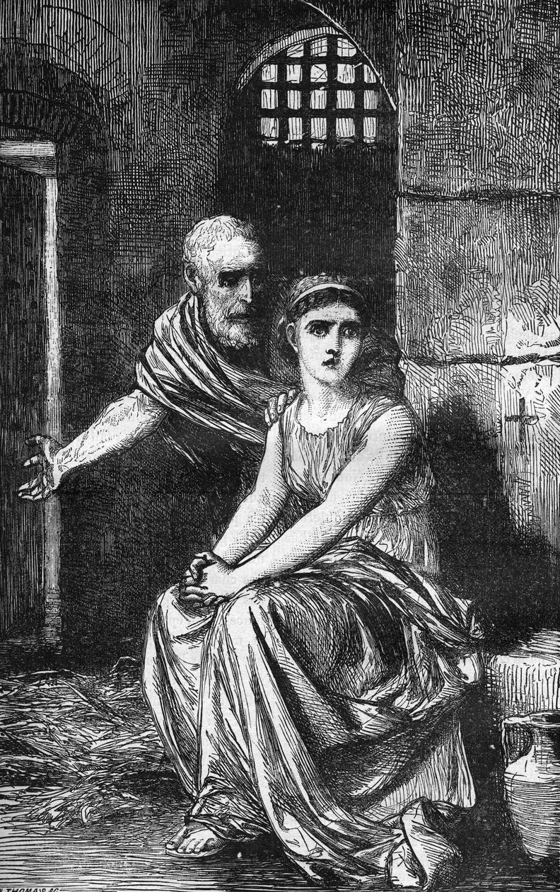 Den unge kristne jomfru Theodora af Alexandria spærret inde i et udskejelseshus for at nægte at opgive sin tro. Indstik i "Prostitutionens og udskejelsens historie blandt alle verdens folkeslag fra oldtiden til i dag" af Dr. Th. -F. af French School