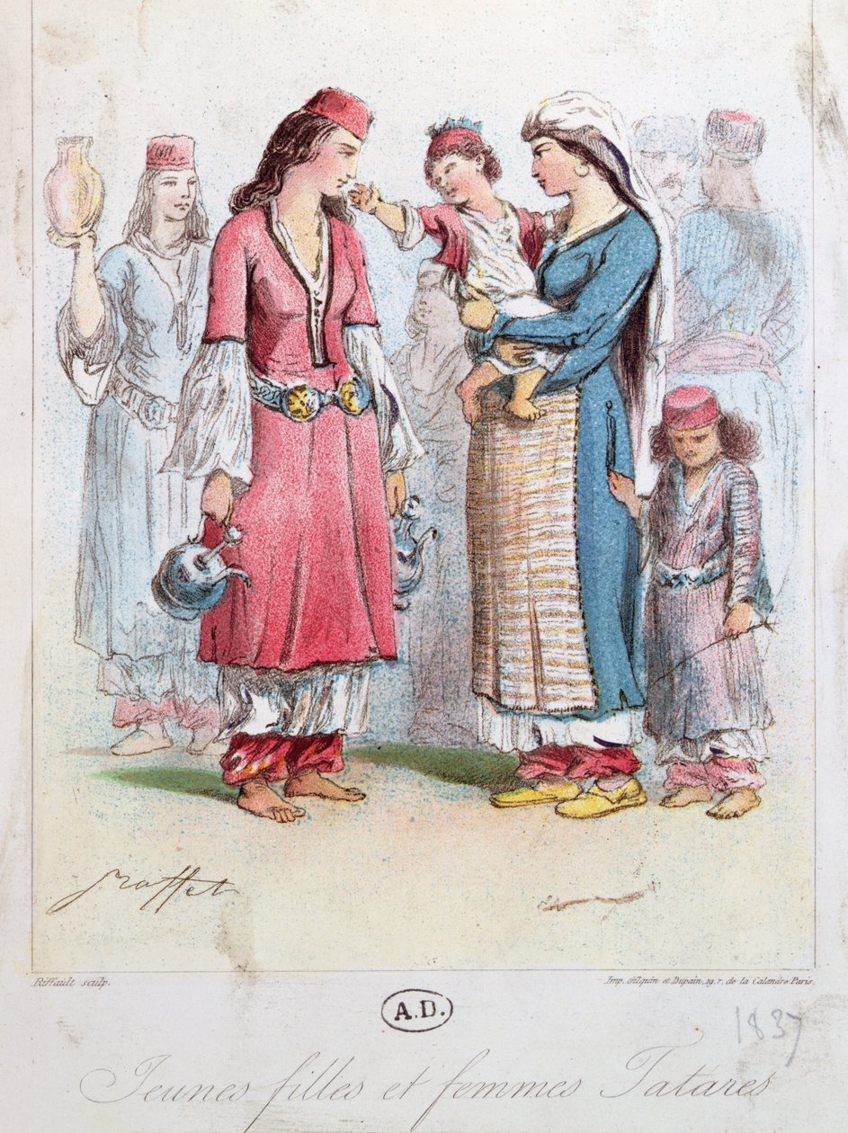 Unge tatariske piger og kvinder, 1837 (farvegravering) af French School