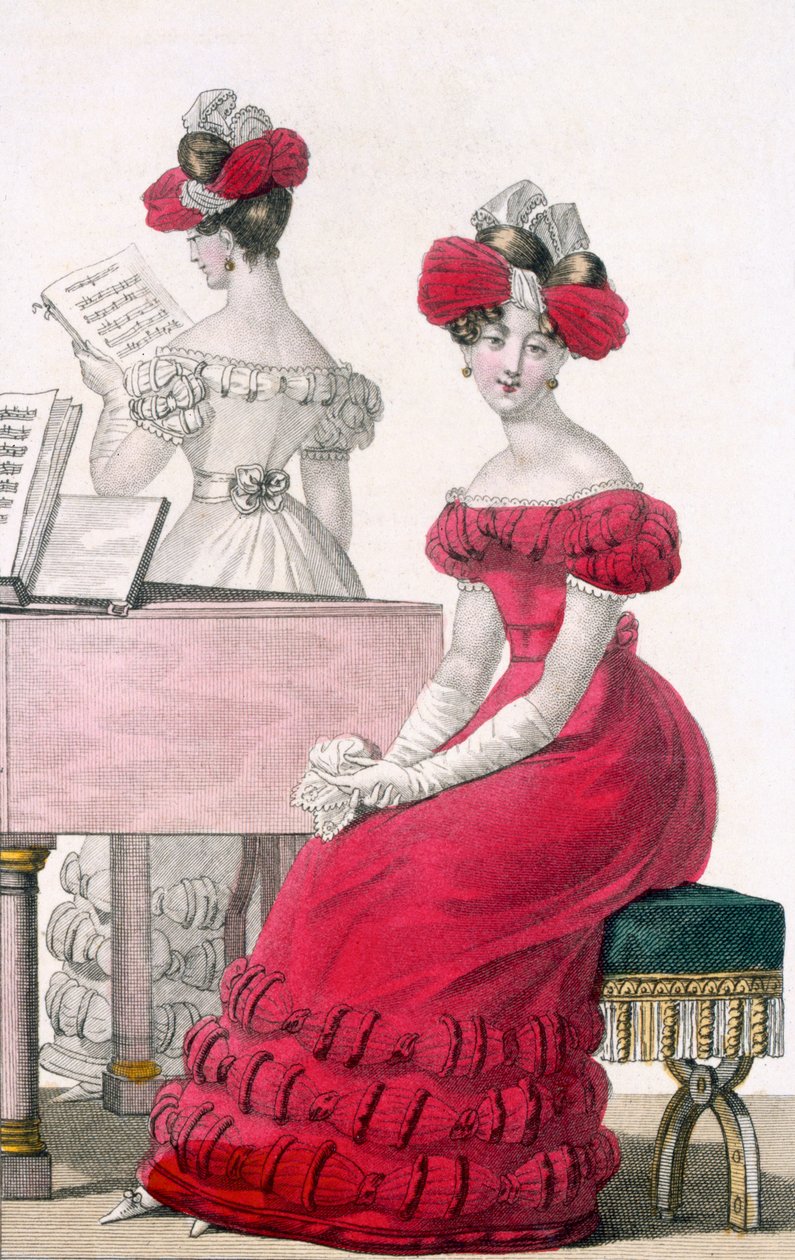 Ung kvinde i en crepe aftenkjole med en udførlig hovedbeklædning, annonce i Modes de Paris, ca. 1825 af French School