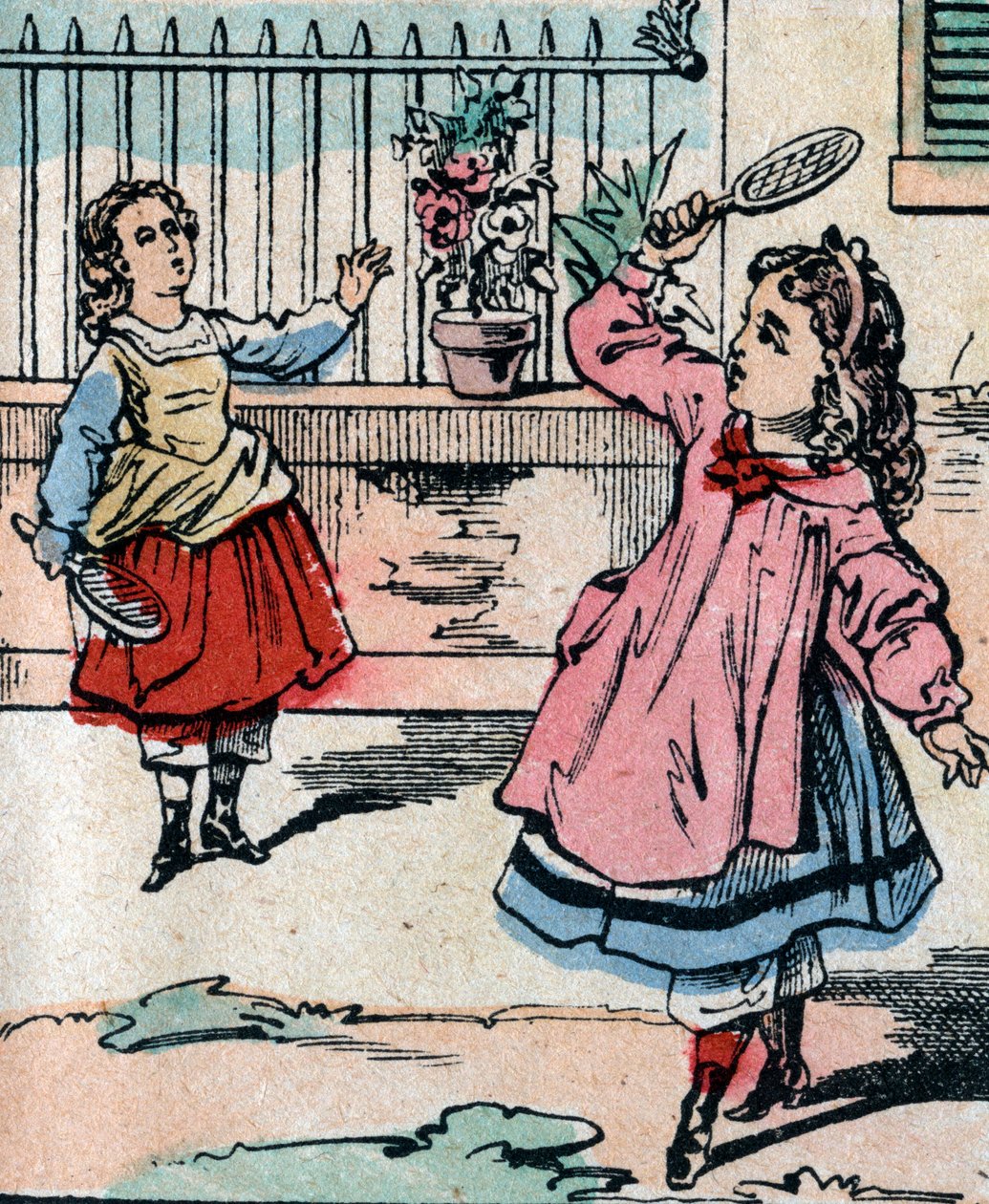 Unge piger, der leger battledore og fjerbold, tidligt spil, der ligner badmington - Epinalt billede - 1800-tallet (gravering) af French School