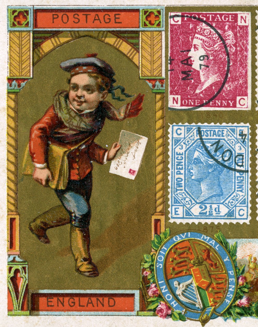 Ungt postbud med sin brevsæk, der leverer et brev i det victorianske England, slutningen af det 19. århundrede af French School