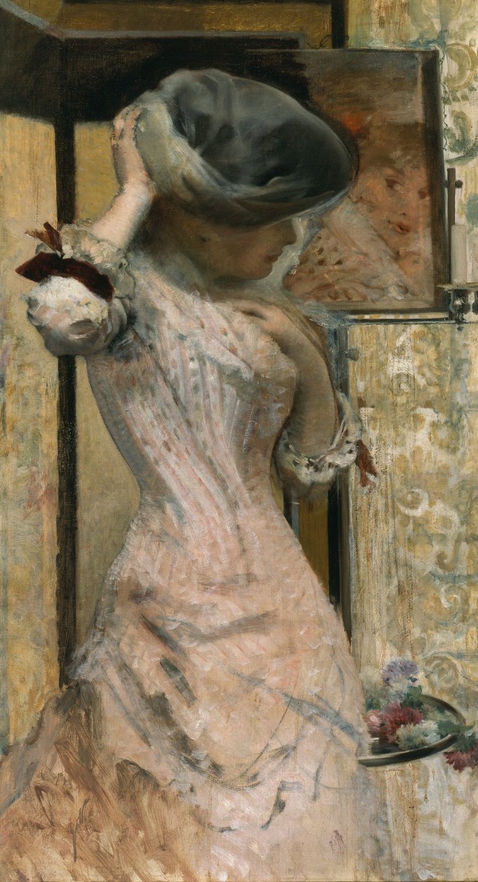 Ung kvinde foran spejlet, ca. 1879-83 (olie på lærred) af French School