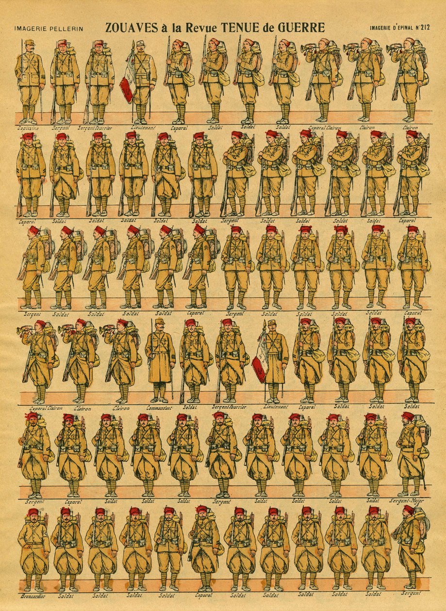 Zouaves, en fransk Armee-infanterienhed oprettet i 1830 af general Clauzel til erobringen af Algeriet. Epinal billeddannelse af French School