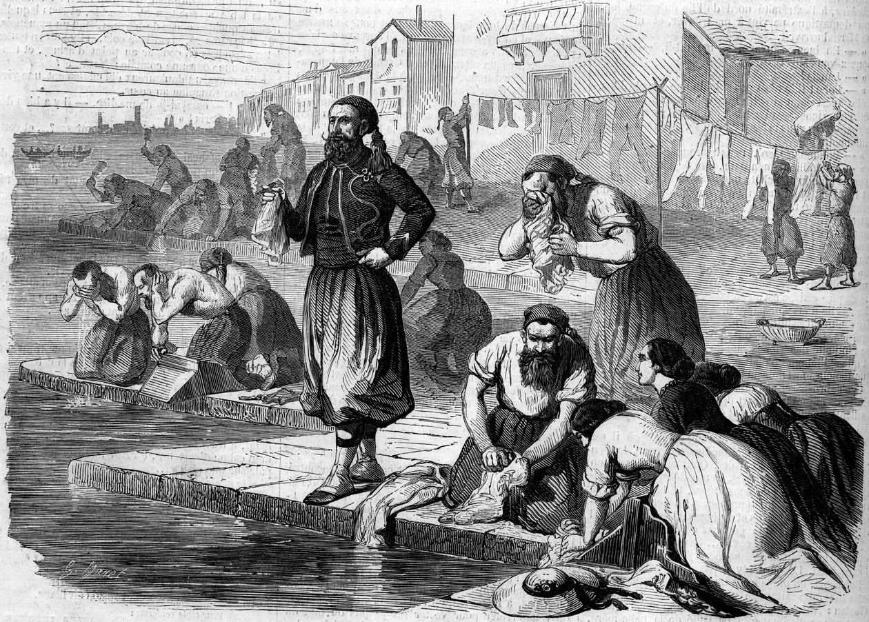 Zouaver fra den franske hær laver deres vasketøj. Italien, Risorgimento de 1859. Indgravering i "" Le Monde Illustré"" nr. 122 af 13. august 1859. af French School