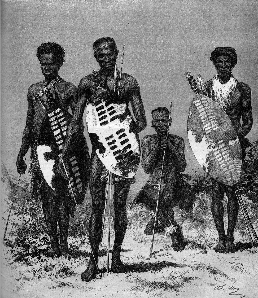 Zulu krigere. Indgravering i "" The Illustrous World"" nr. 1146 af 15. marts 1879. af French School