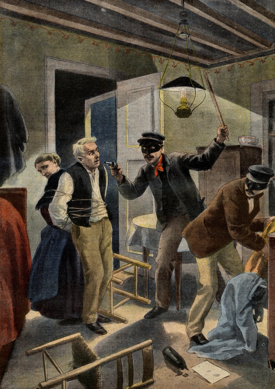 banditry - Banditry - Et ældre ægtepar, der blev røvet af maskerede ubudne gæster i deres hjem i Gers, Frankrig. Scene af banditry i gers. Illustration til Le petit Journal, 26. januar 1902. af French School