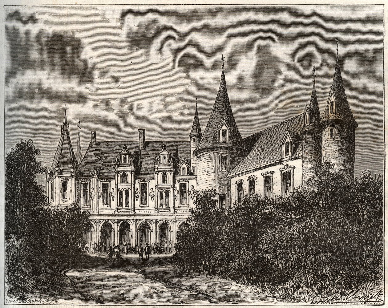 Chateau du Rocher ved Mezangers i Mayenne - indgravering i "La France illustrée: geografi, historie, statistisk administration" af V.A. Malt-Brown. 1884 af French School
