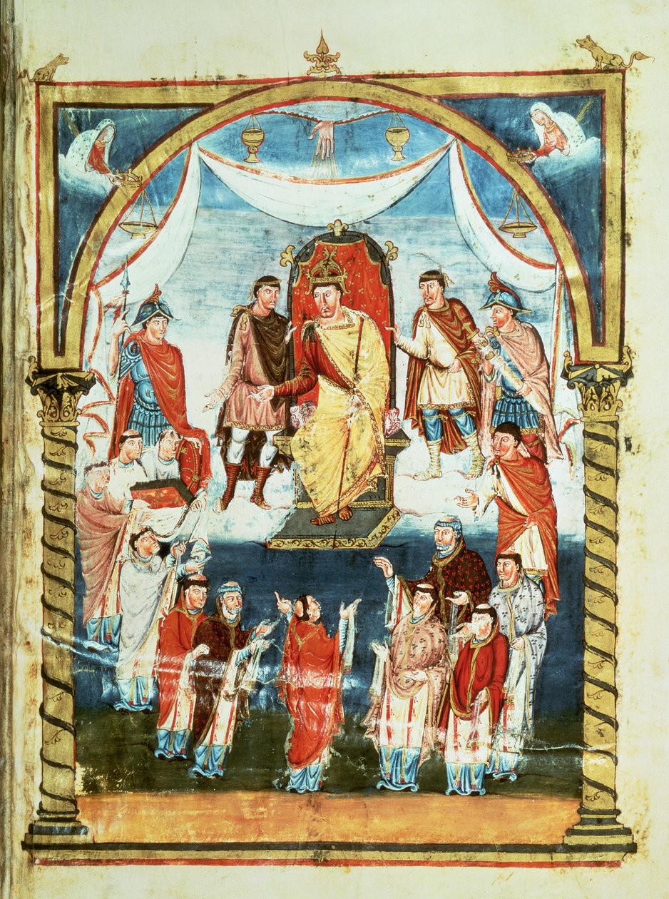 ds Lat 1 fol.423r Kong Charles II modtager en bibel fra grev Vivian og munkene i Saint-Martin de Tours, fra den første bibel af Karl den Skaldede, c.843-51 af French School