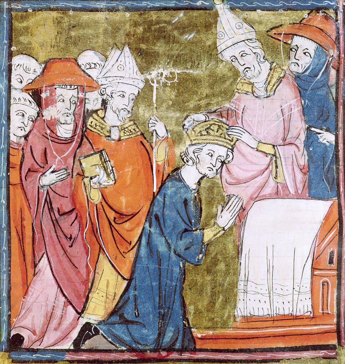 f.106r Kroningen af kejser Karl den Store (742-814) af pave Leo III (ca. 750-816) ved St. Peters, Rom i 800, Grandes Chroniques de France, 1375-79 af French School