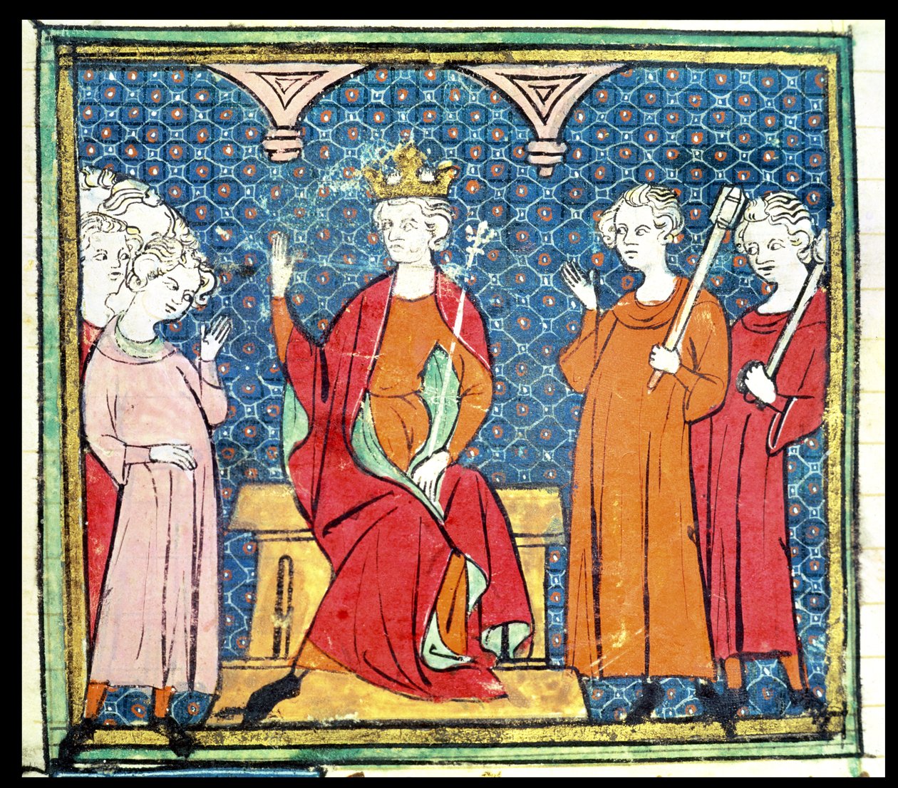 f.14v Childeric II (c.653-73), merovingerkonge af Austrasia, fra Grandes Chroniques de France, 1375-79 af French School