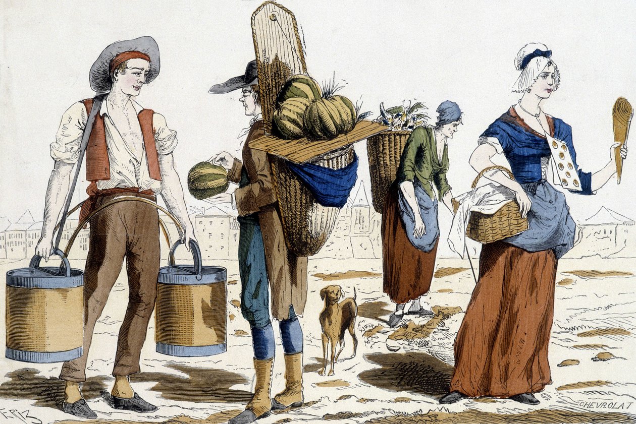 Illustration af kostumer i Paris i det 18. århundrede: vandbærer, melonhandler, chiffonnier, fornøjelseshandler. af French School
