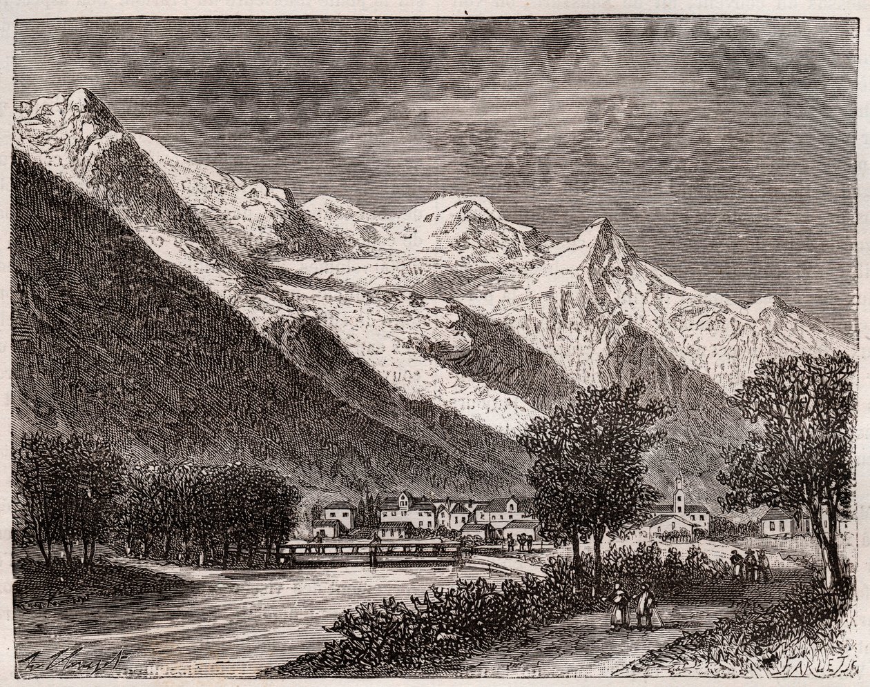 chamonix-dalen og Mont Blanc - indgravering i "La France illustrée: geografi, historie, statistisk administration" af V.A. Malt-Brown. 1884 af French School