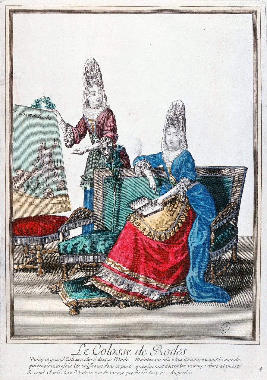 dame, der viser et billede af Kolossen på Rhodos af French School