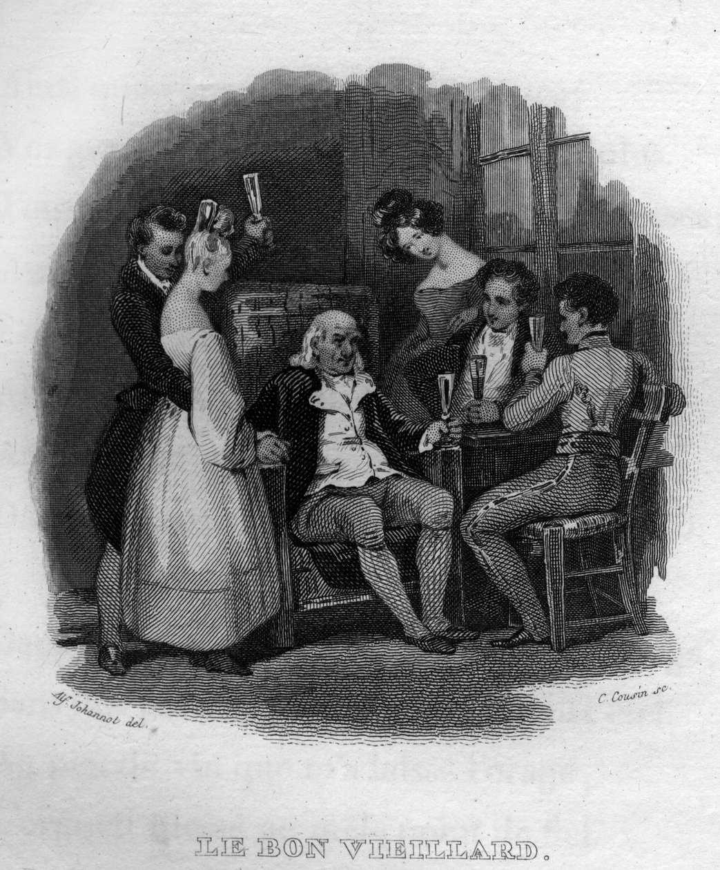 den gode gamle mand Chanson de Beranger i ""Oeuvres fuldender"" (1834) af Pierre Jean de Beranger (1780-1857), fransk digter og sangskriver. af French School