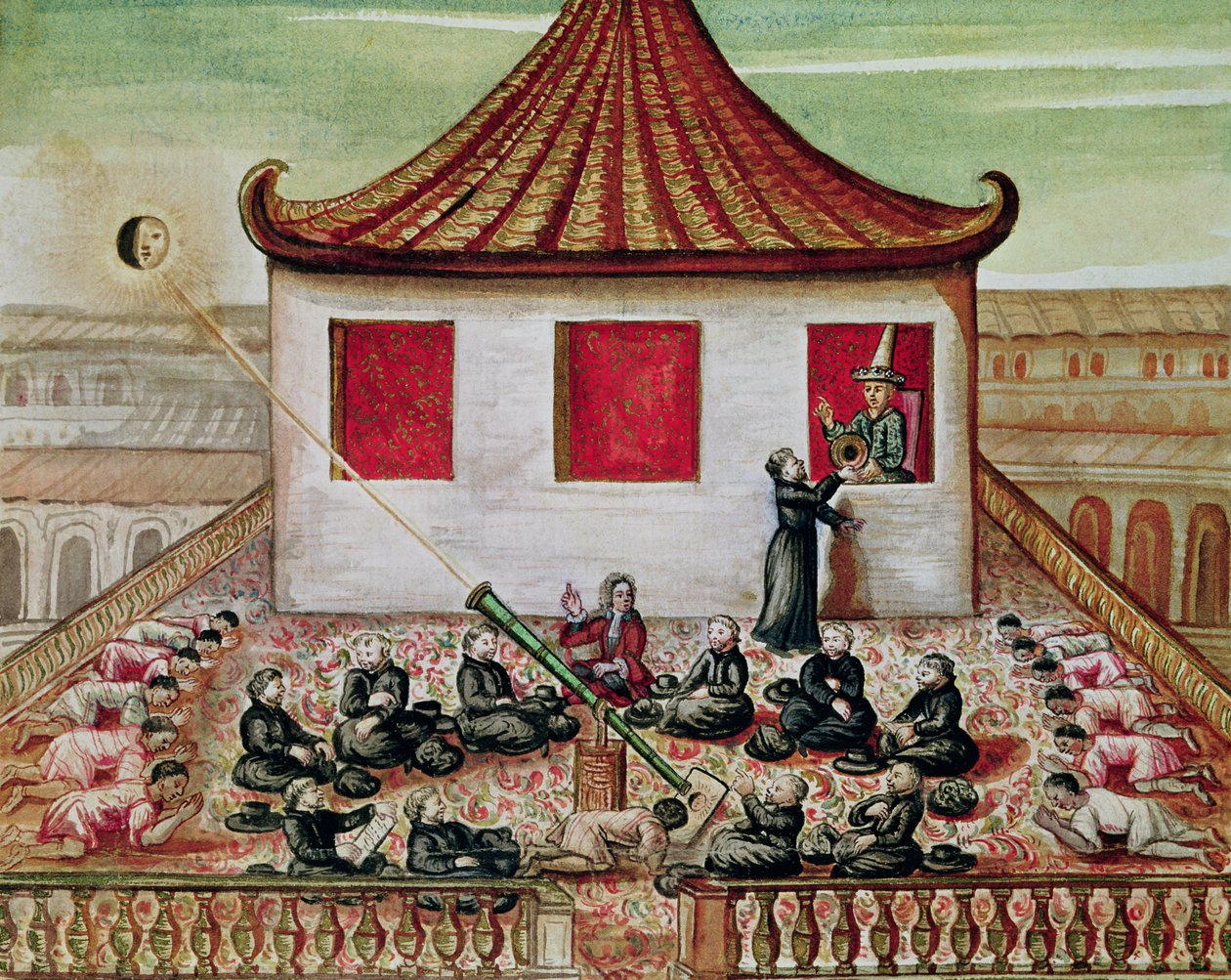 od. 59 fol.7 Solformørkelsen i Siam i 1688, set af jesuittiske missionærer, i nærværelse af kongen af Siam ved vinduet til hans palads, 1688 (wc på papir) af French School