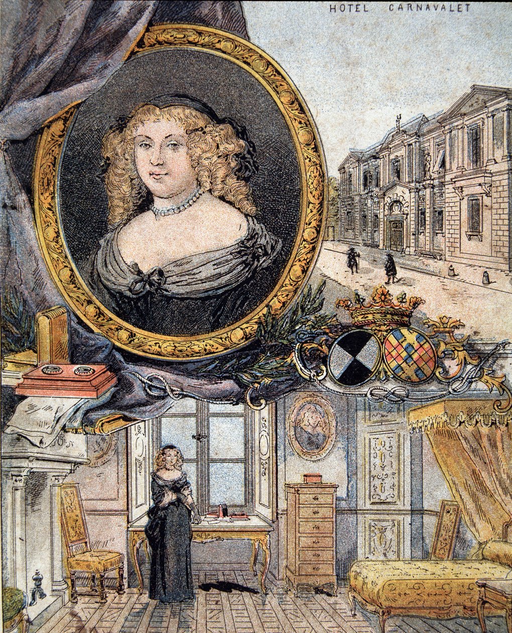 portræt af Marie de Rabutin-Chantal (Rabutin Chantal), Marquise af Sevigne kendt som Madame de Sevigne (1626-1696) og hendes residens Hotel Carnavalet. af French School
