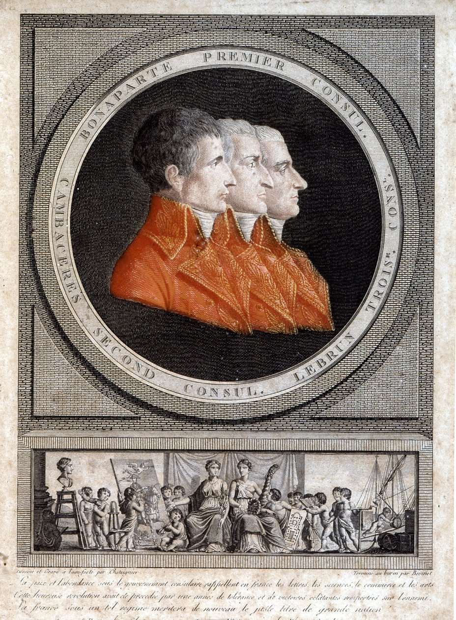 portræt af de tre konsuler, Napoleon Bonaparte (1769-1821), Jean Jacques Regis (Jean-Jacques-Regis) de Cambaceres (1753-1824) og Charles Francois Lebrun (1739-1824)" af French School