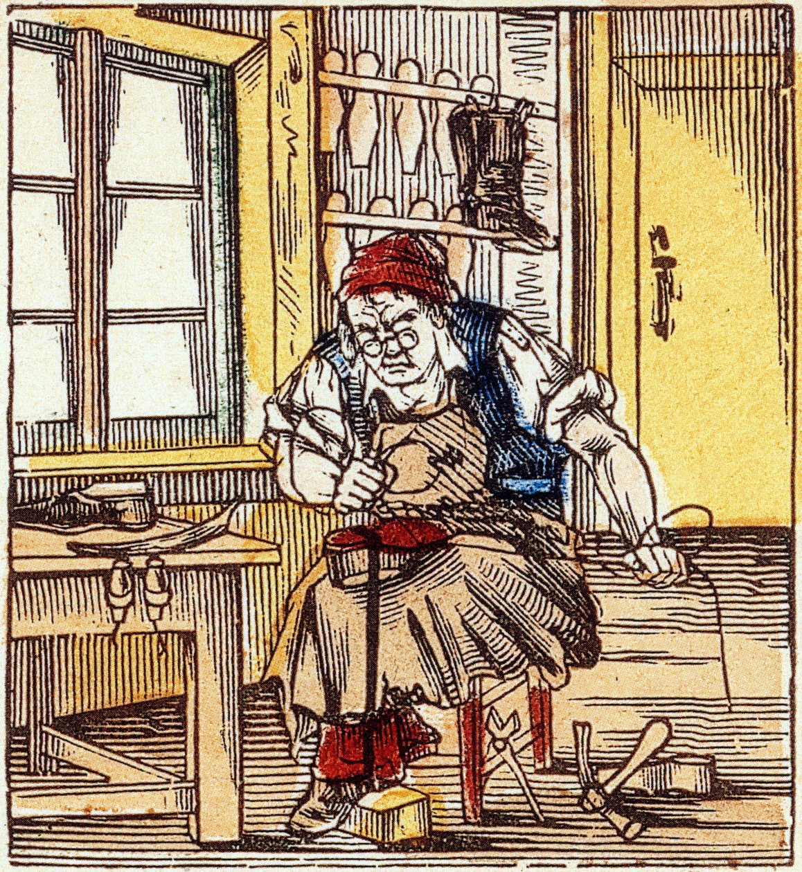 erhverv: skomager, der reparerer en sål, slutningen af 1800-tallet (gravering) af French School
