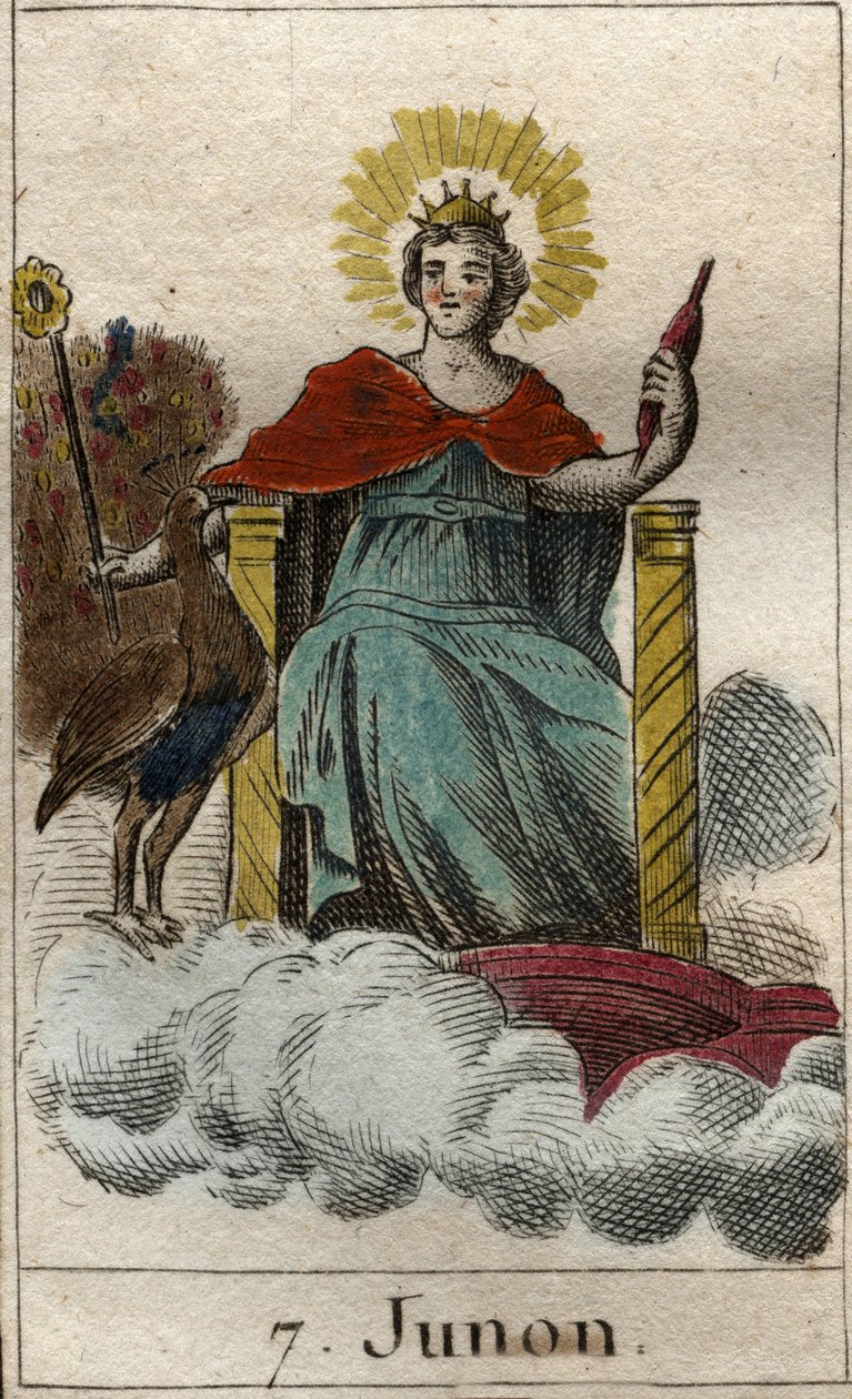 repræsentation af den guddommelige Juno, dronning af guder og himlen, hun er søster og hustru til Jupiter (repræsentation af Juno, gudernes dronning, hustru og søster til Jupiter). Fra "Mythology of Youth" af Pierre Blanchard 1803. af French School